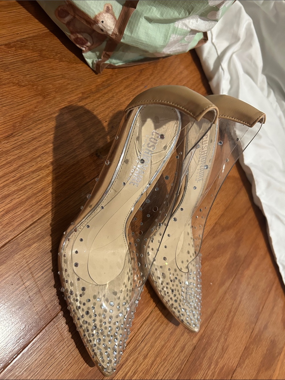 Pointed Clear Embellished Heels with Nude Trim